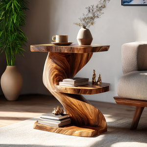 Sculptural Solid Wood Z Side Table with Shelves