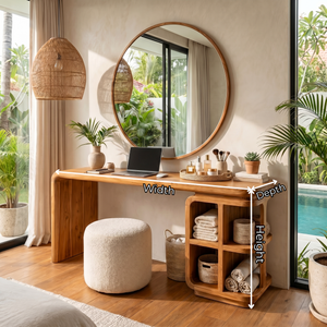 Handmade Solid Wood Vanity Table with Open Cubby Shelves and Waterfall Side