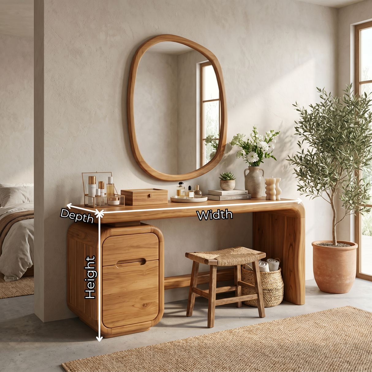 Solid Wood Vanity Desk with Rounded Drawer Pedestal and Waterfall Side