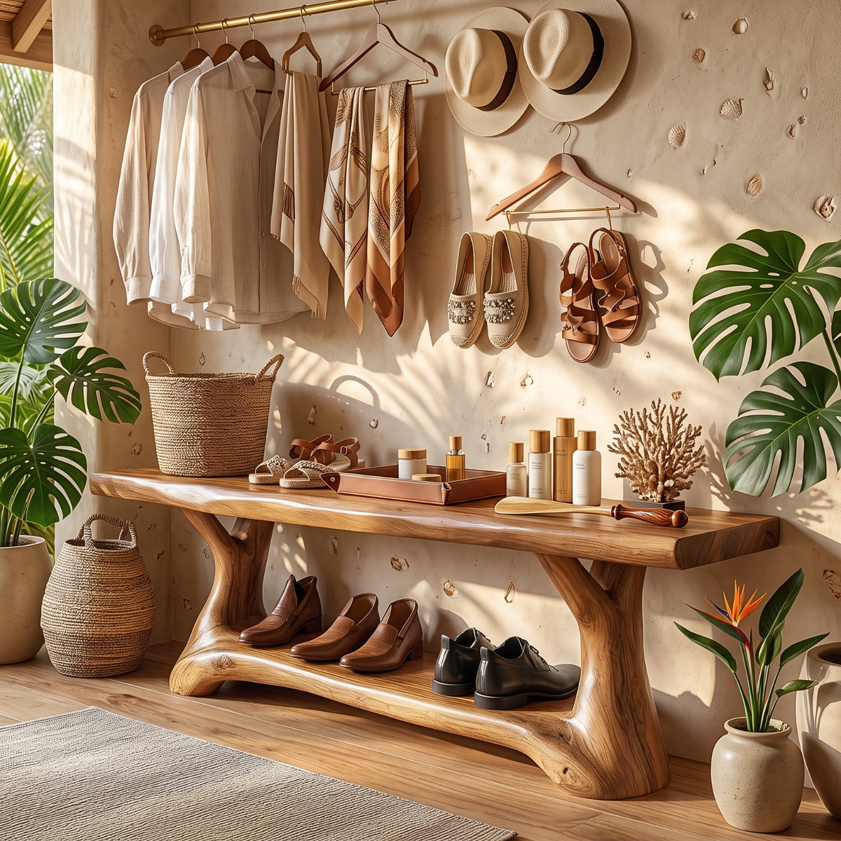 Shoe Rack Solid Wood with Sculptural Branch Legs and Open Shelf