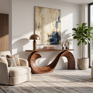 Console Table Solid Wood with Sculptural Wave Loop Base and Dark Top