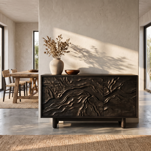 Sideboard Cabinet Solid Wood with Sculpted Flowing Relief Doors