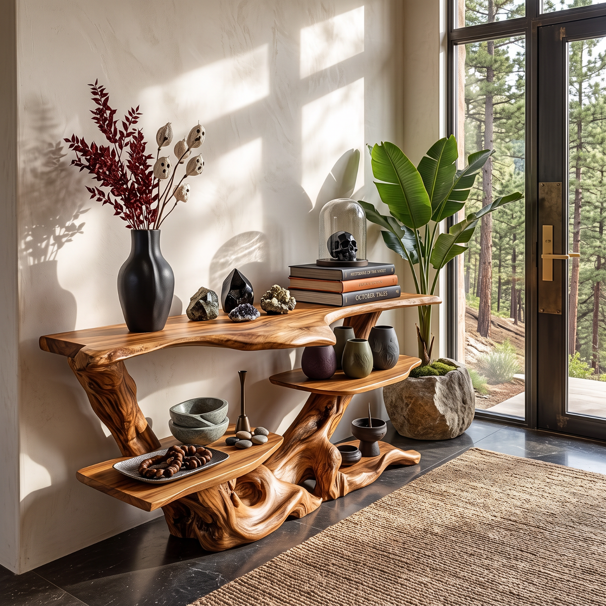 Sculptural Solid Wood Console Table with Tiered Shelves and Organic Root Base