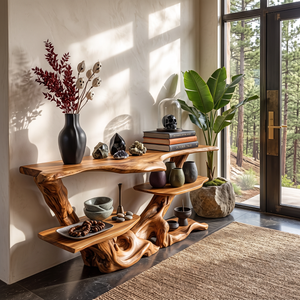 Sculptural Solid Wood Console Table with Tiered Shelves and Organic Root Base