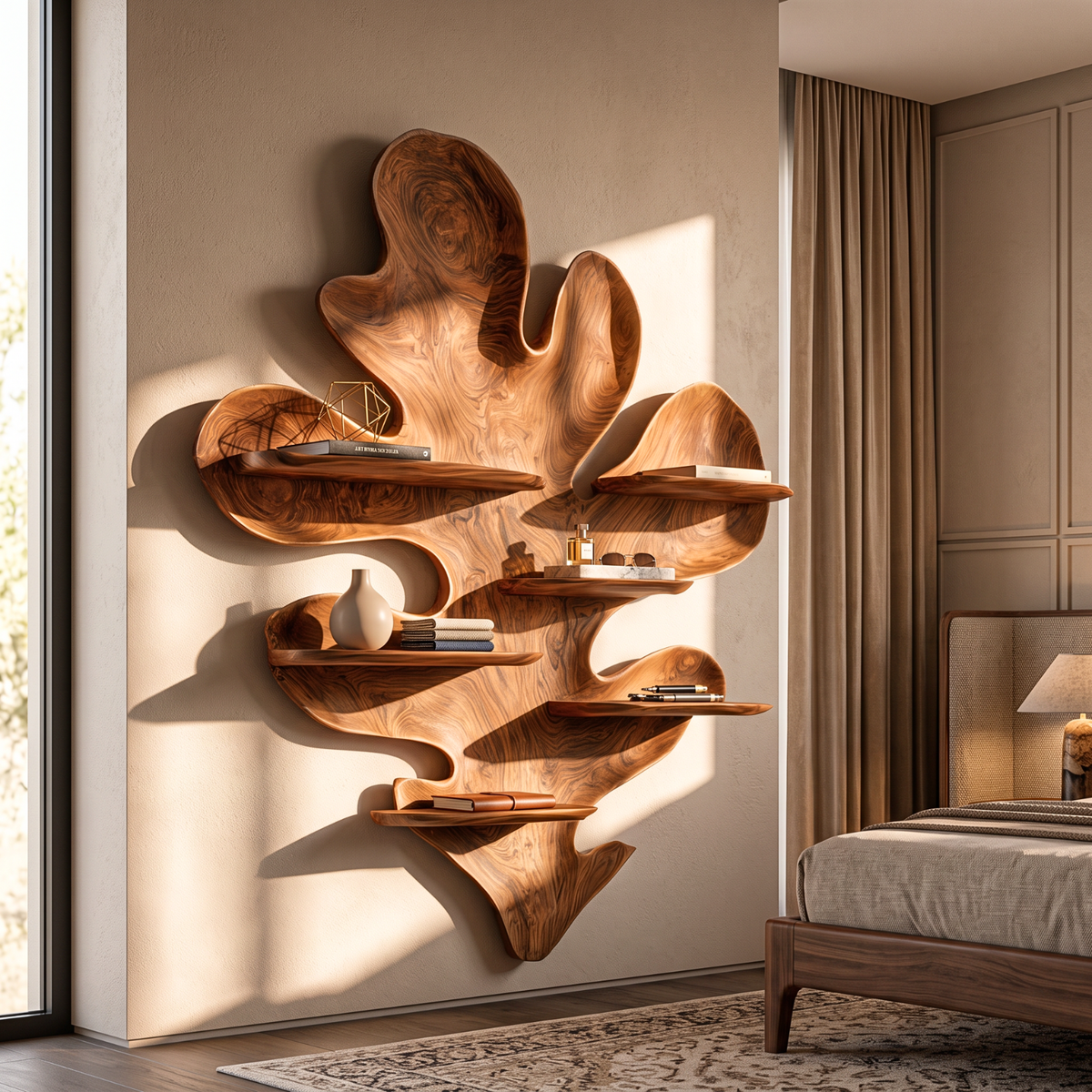 Solid Wood Leaf Sculpture Wall Shelf for Living Room, Organic Wall Mounted Display Decor