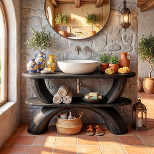 Handcrafted Solid Wood Bathroom Vanity Organic Modern Rustic Wood Vanity with Open Shelf