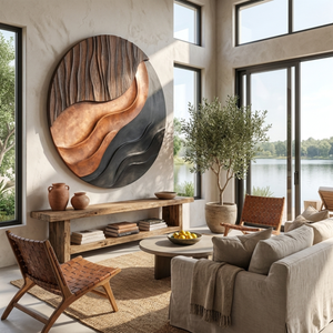 Solid Wood Round Wall Art with Layered Wave Relief for Living Room Decor