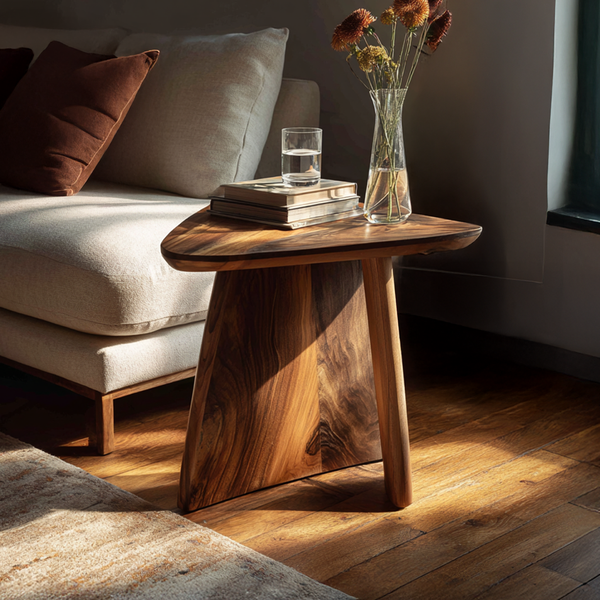 Organic Solid Wood Accent Table with Sculpted Base