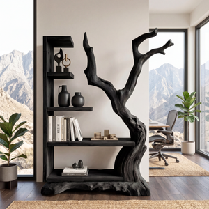 Tall Solid Wood Bookshelf with Sculptural Tree Form Organic Modern Display Shelf