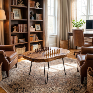 Live Edge Solid Wood Chess Coffee Table with Built In Game Board