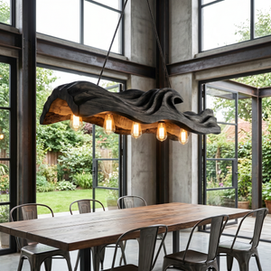 The Handcrafted Organic Wood Pendant Light with Wave Carved Form and Exposed Bulbs