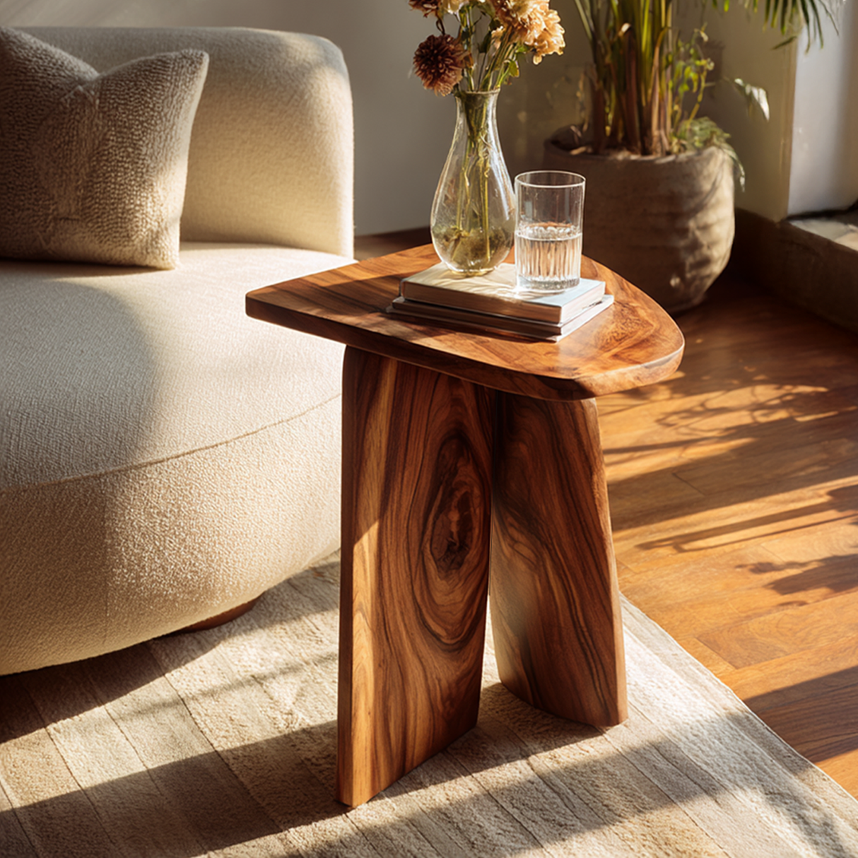 Asymmetrical Solid Wood Side Table with Sculpted Legs