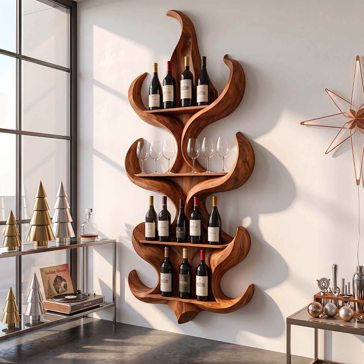 Flame Silhouette Solid Wood Wall Wine Rack with Four Display Tiers