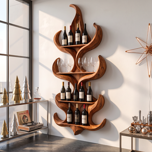 Flame Silhouette Solid Wood Wall Wine Rack with Four Display Tiers