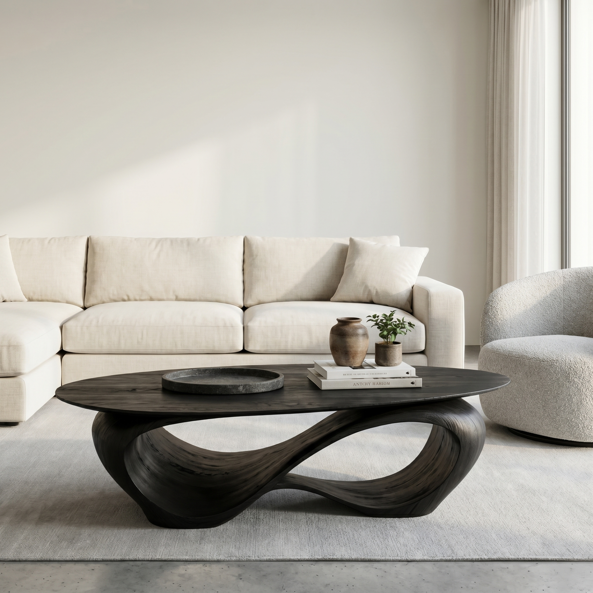 Solid Wood Coffee Table with Twisted Hollow Wave Base for Living Room