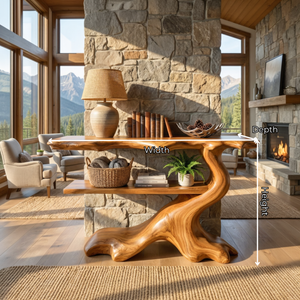 Sculptural Solid Wood Console Table with Open Shelf, Organic Entryway Table