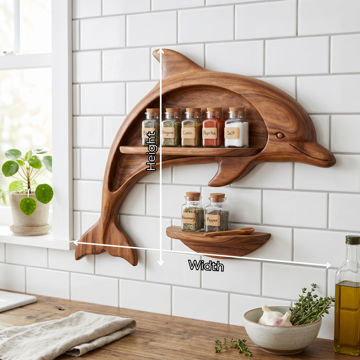 Carved Solid Wood Dolphin Wall Spice Shelf with Coastal Kitchen Storage