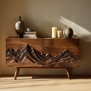 Carved Solid Wood Sideboard Mountain Relief Cabinet Modern Rustic Console Storage Buffet for Living Room