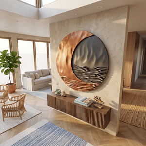 Solid Wood Circular Wall Sculpture with Crescent Wave Relief for Modern Interior Decor
