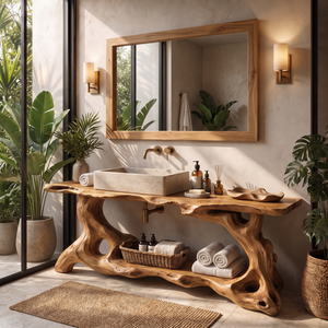 Bathroom Vanity Solid Wood with Organic Root Base and Open Shelf Storage