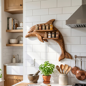 Sculptural Solid Wood Dolphin Spice Rack with Double Wall Shelves