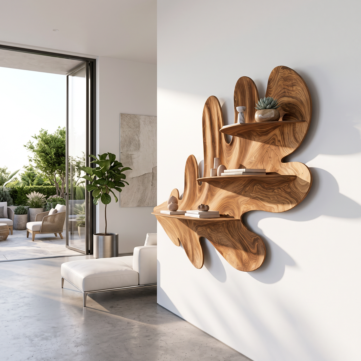 Organic Leaf Solid Wood Wall Shelf with Sculptural Floating Display Shelves