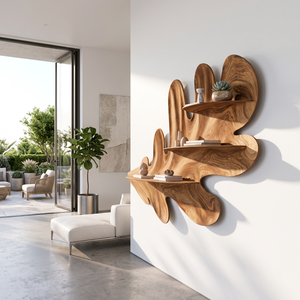 Organic Leaf Solid Wood Wall Shelf with Sculptural Floating Display Shelves