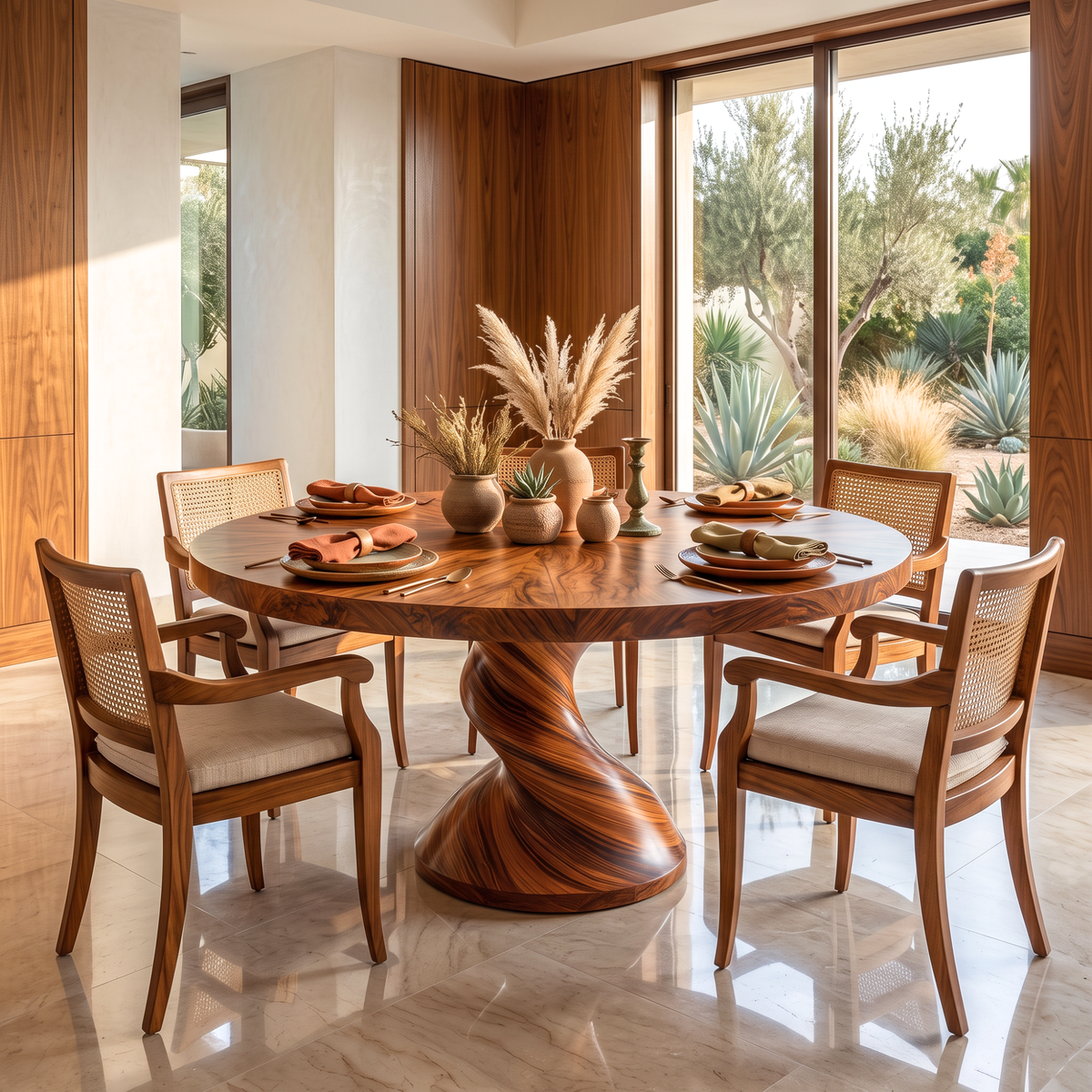 Dining Table with Twisted Pedestal Base and Round Solid Wood Top