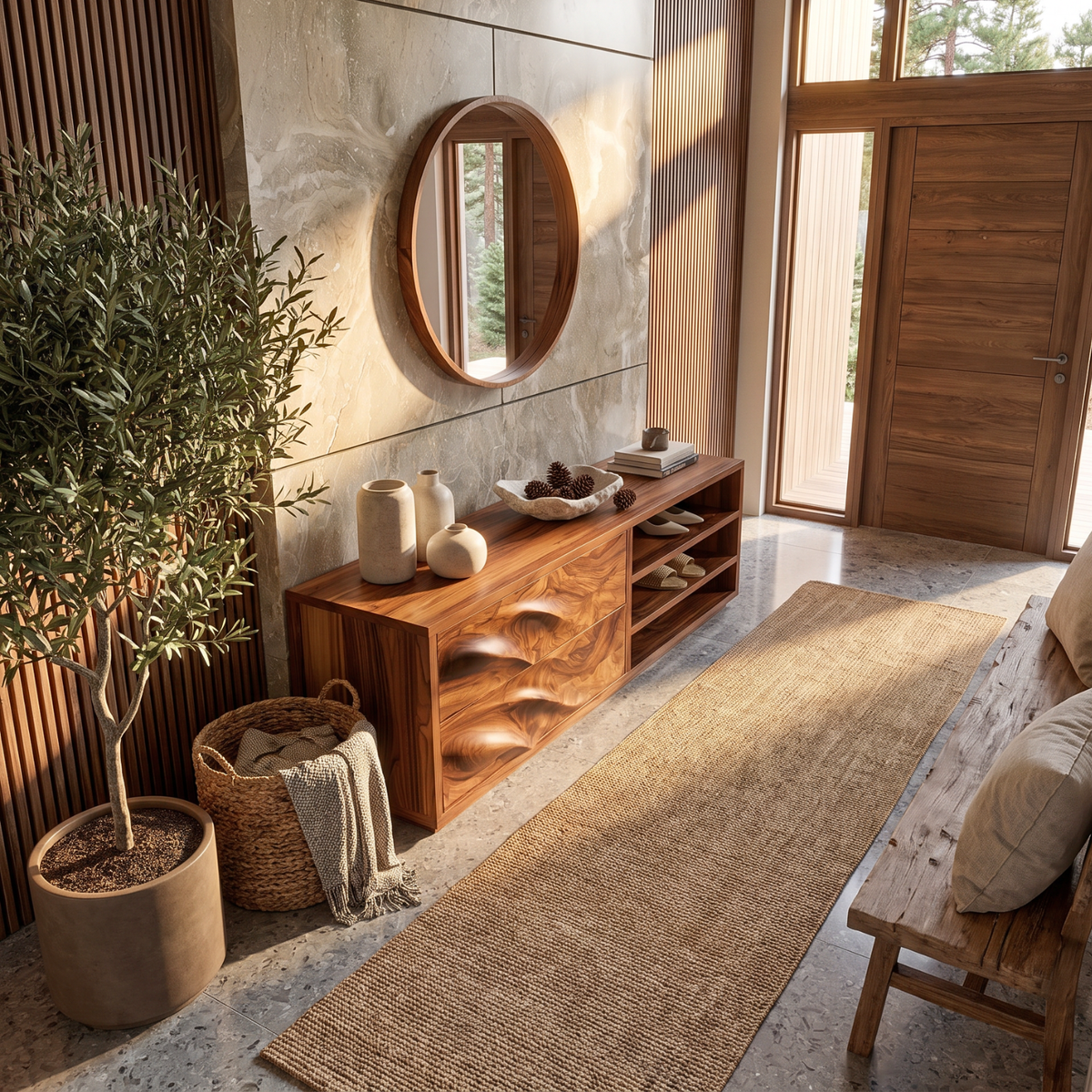 Modern Solid Wood Shoe Cabinet with Sculpted Drawers and Open Shelves
