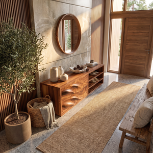 Modern Solid Wood Shoe Cabinet with Sculpted Drawers and Open Shelves