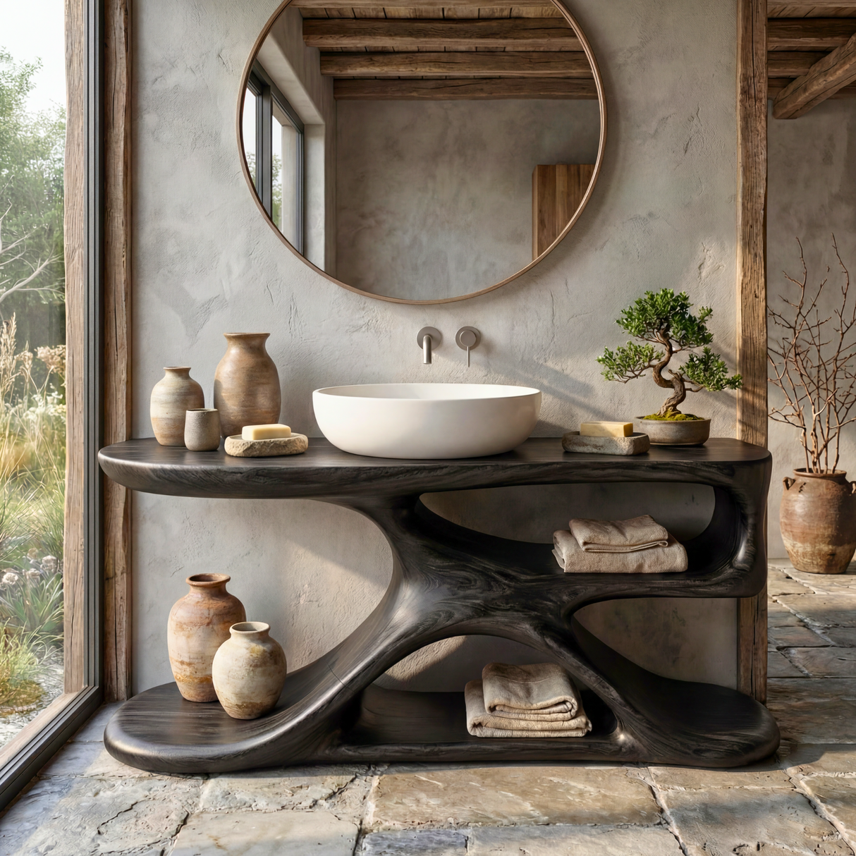 Handcrafted Solid Wood Bathroom Vanity Organic Modern Sink Console Rustic Spa Style Washstand