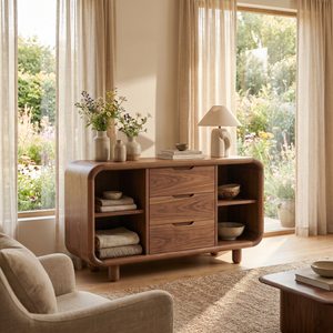 Solid Wood Sideboard Cabinet with Three Drawers and Rounded Display Bays