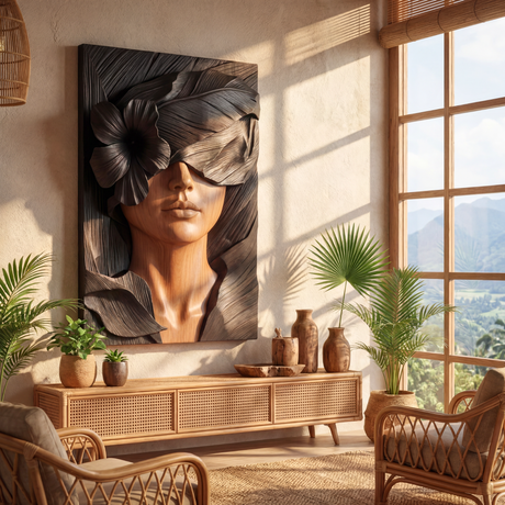 3D Dark Floral Woman Sculpture Wall Art Solid Wood Handcrafted Decor