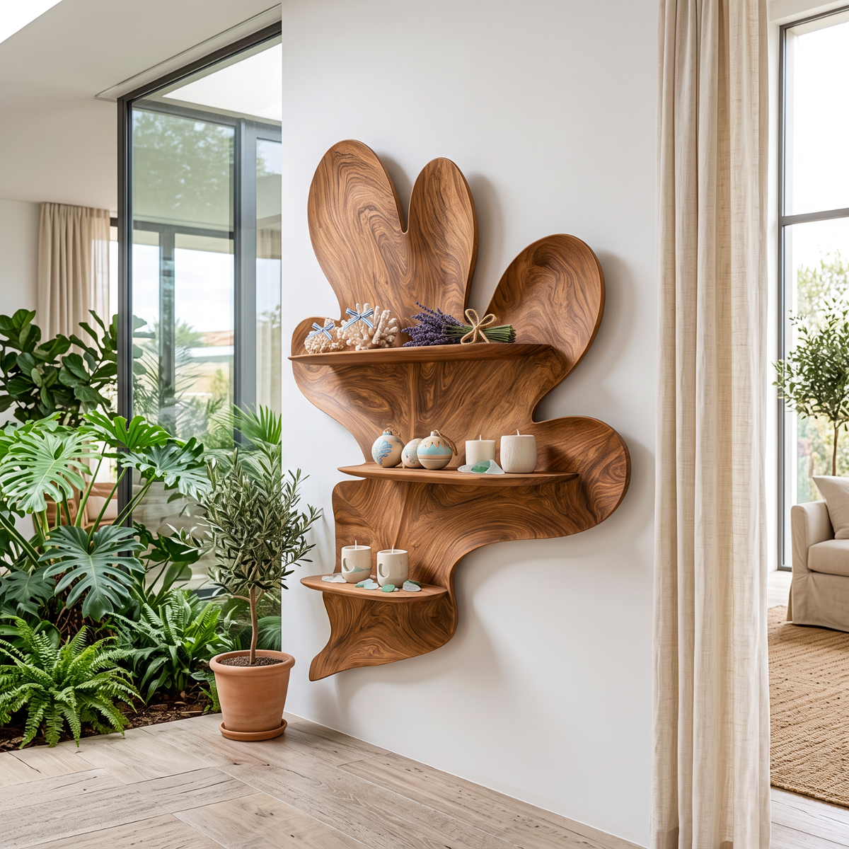 Organic Botanical Solid Wood Wall Shelf with Sculptural Leaf Display Shelves