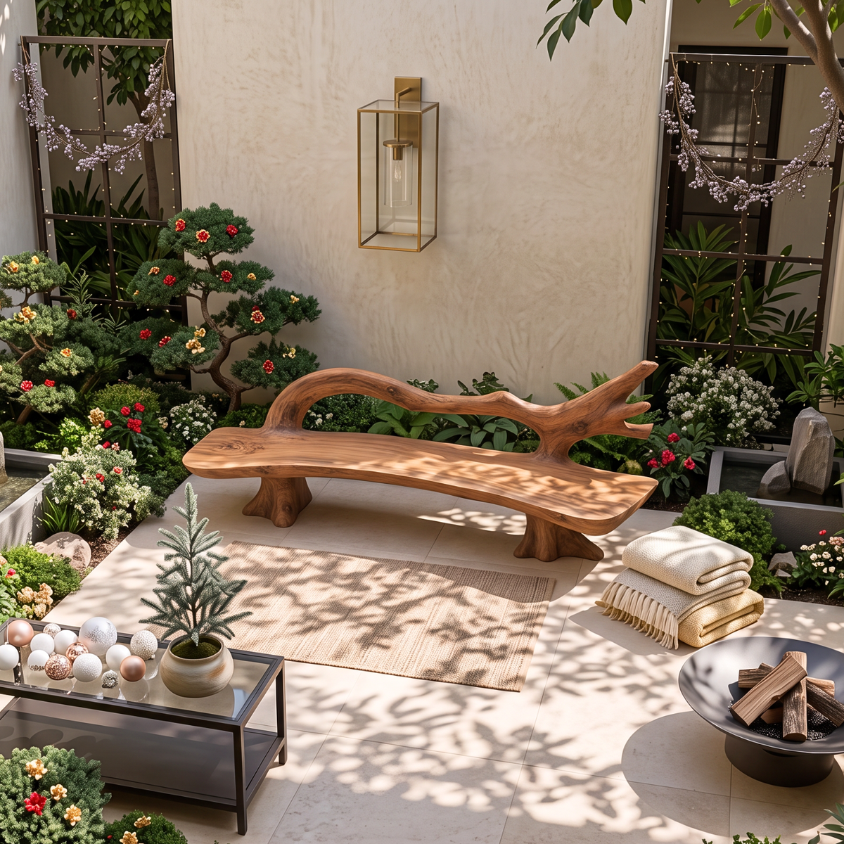 Handcrafted Solid Wood Outdoor Bench with Flowing Branch Backrest