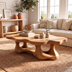 Coffee Table Solid Wood with Organic Double Loop Base for Living Room