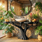 Handcrafted Solid Wood Bathroom Vanity with Tree Root Base and Side Shelf
