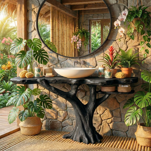 Handcrafted Solid Wood Bathroom Vanity with Tree Root Base and Side Shelf