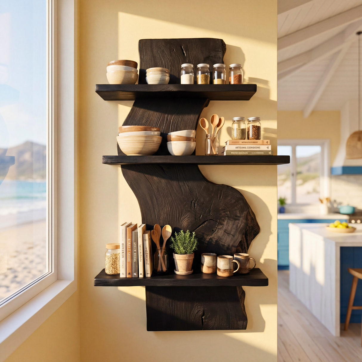 Organic Live Edge Solid Wood Wall Shelf Sculptural Floating Storage