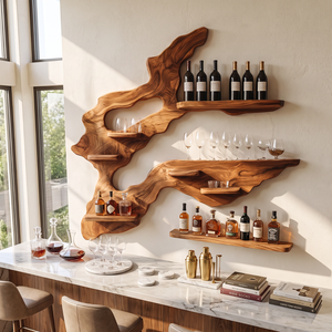 Asymmetrical Root Sculpture Solid Wood Wall Wine Rack with Display Shelves