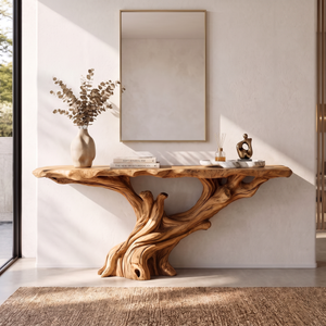 Console Table Solid Wood with Sculptural Tree Branch Base for Entryway