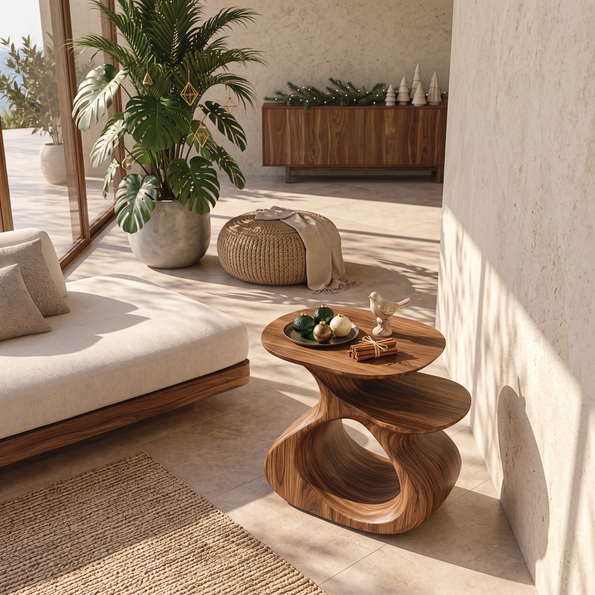 Sculptural Solid Wood Side Table with Open Loop Base and Offset Shelf