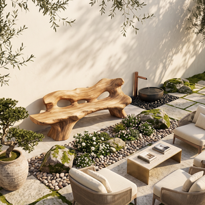 Handcrafted Outdoor Solid Wood Garden Bench with Sculptural Organic Backrest