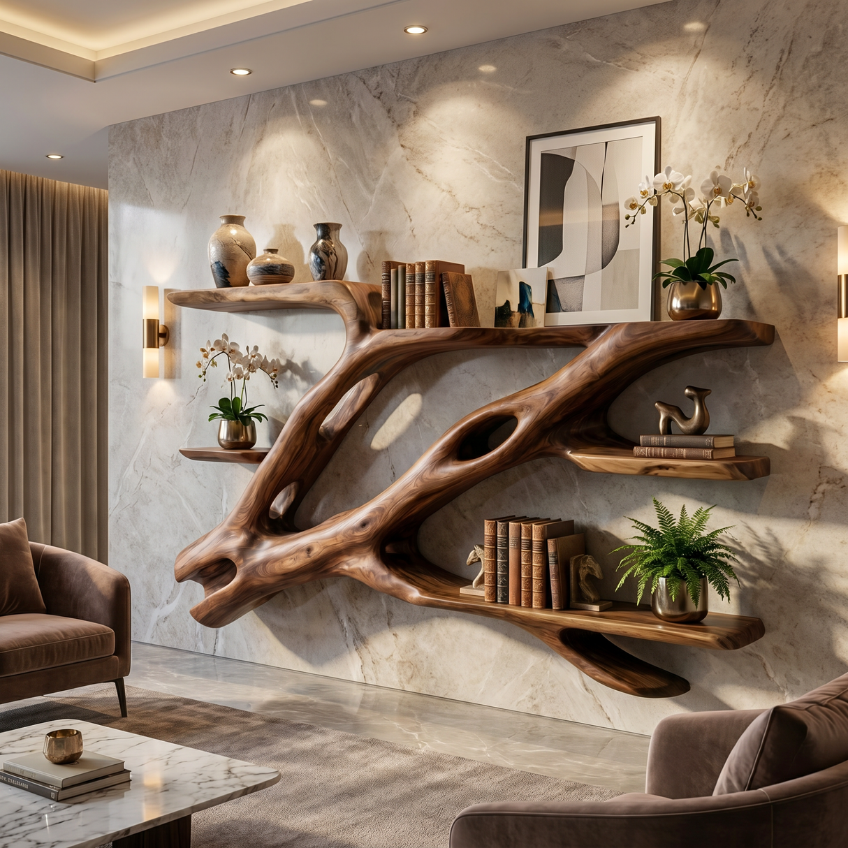 Sculptural Solid Wood Wall Bookshelf with Flowing Branch Shelves