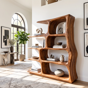 Freeform Solid Wood Bookcase with Rounded Open Shelves and Sculptural Frame