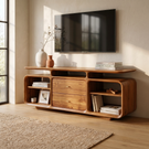 Solid Wood Sideboard Cabinet with Drawers and Open Storage Shelves