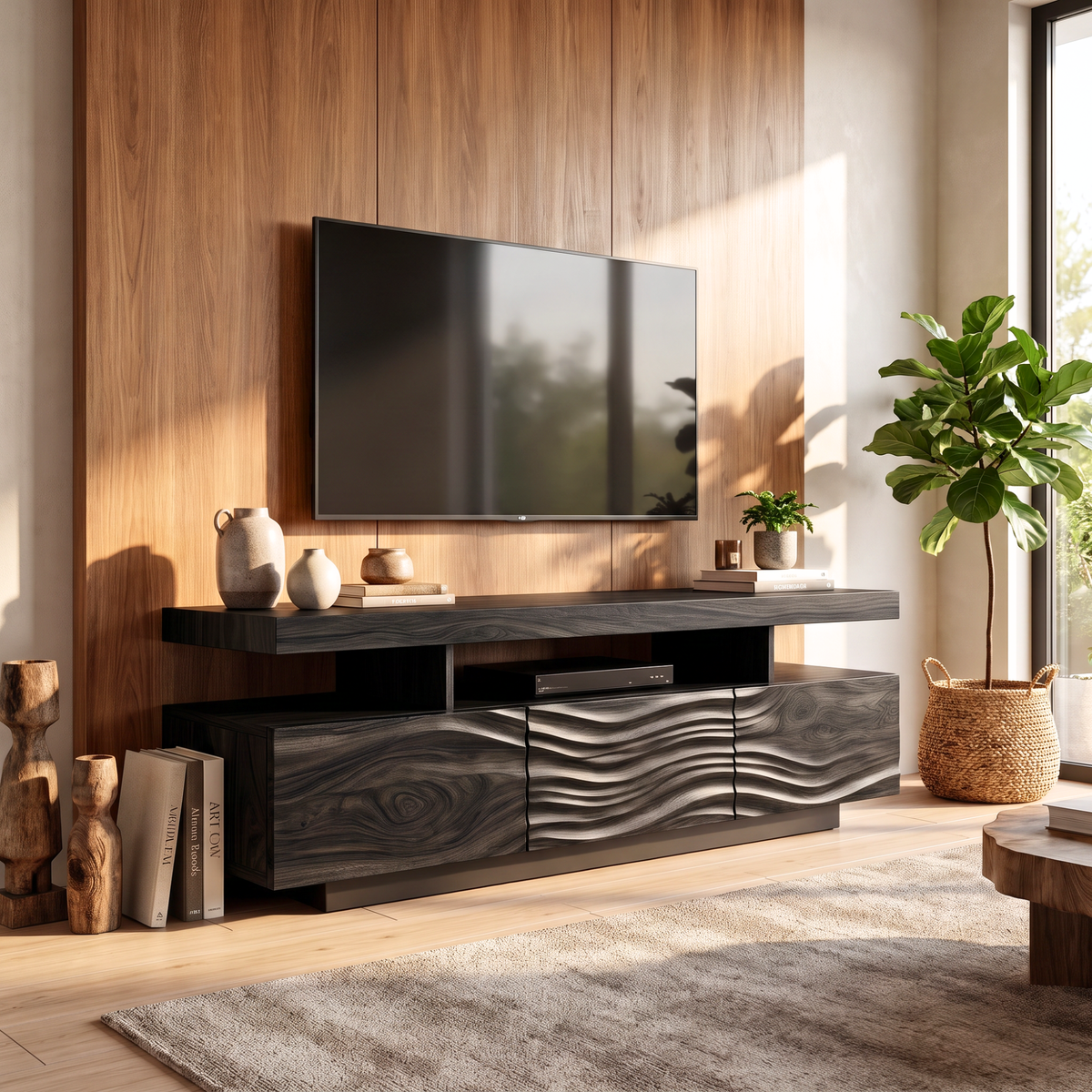 Solid Wood TV Stand with Floating Top and Sculpted Wave Front Cabinet