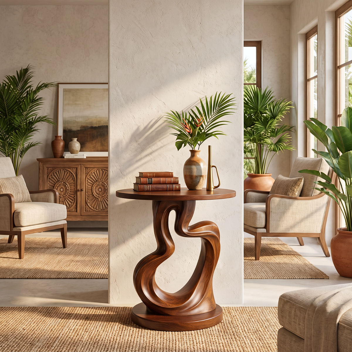 Organic Solid Wood Side Table with Sculptural Loop Base