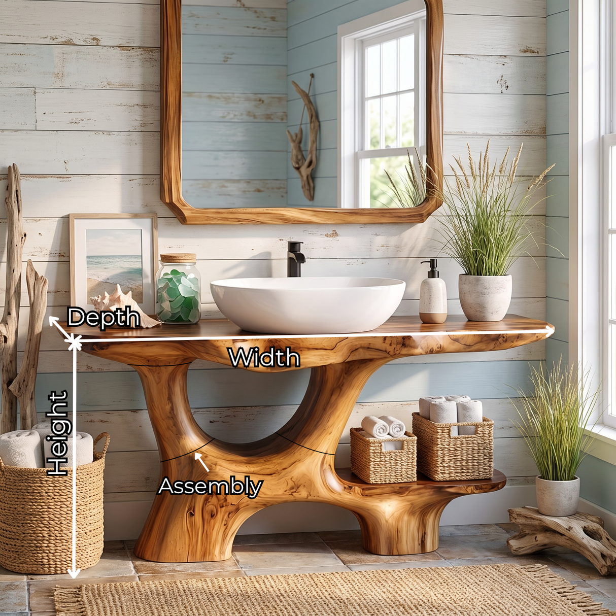 Bathroom Vanity Solid Wood with Open Arch Base and Side Shelf for Cabin Bathroom