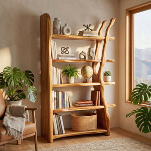 Freestanding Solid Wood Bookshelf with Sculptural Tree Support
